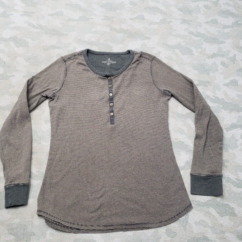 Royal Robbins Top Womens Medium Gray Long Sleeve Striped Henley‎ Trail Hiking